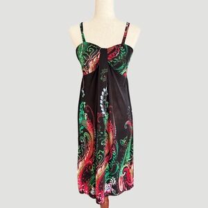 Ace Fashion Silk Blend Paisley Babydoll Midi Dress M L Black Indie artsy boho
